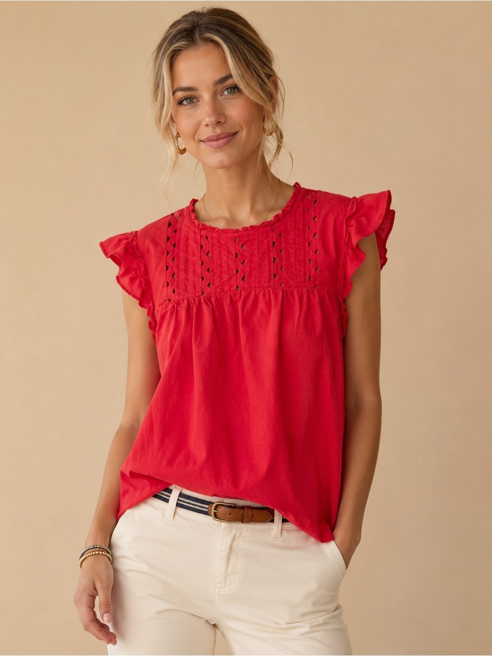 Ann Taylor Red Poplin Preppy Top